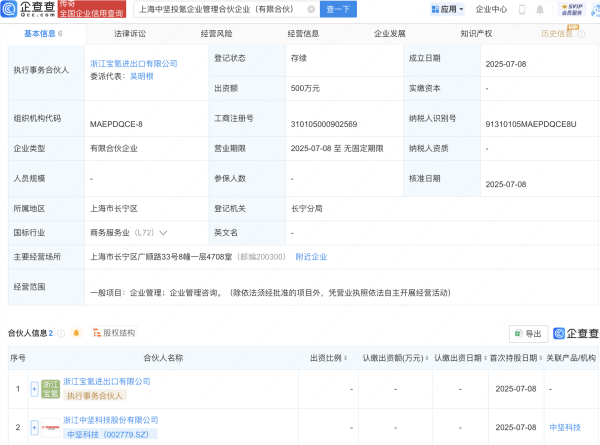 金橘策略  中坚科技等在上海新设企业管理合伙企业